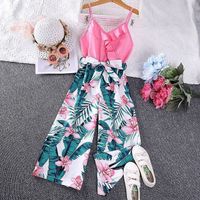 2023 Bohemian style children's boutique clothing summer new European and American flower and leaf print lace jumpsuit wholesale girls jumpsuit